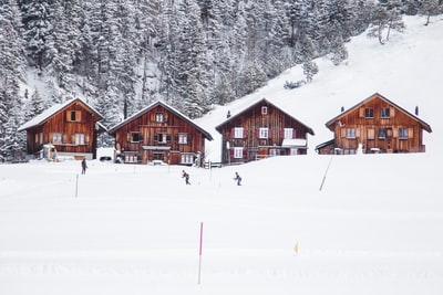 四个棕色的木头房子在冰雪覆盖的领域
